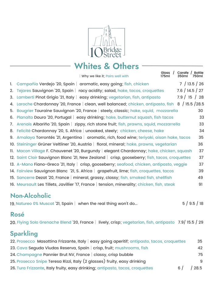 White & other wine menu - 10 Bridge Street